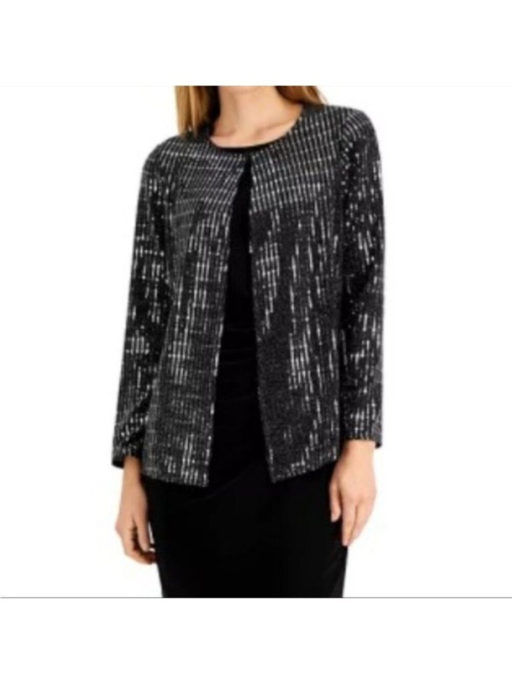 Anne Klein Sequin Jacket Size S Black Silver Sparkle Long Sleeve Open Front NWT - Picture 11 of 12